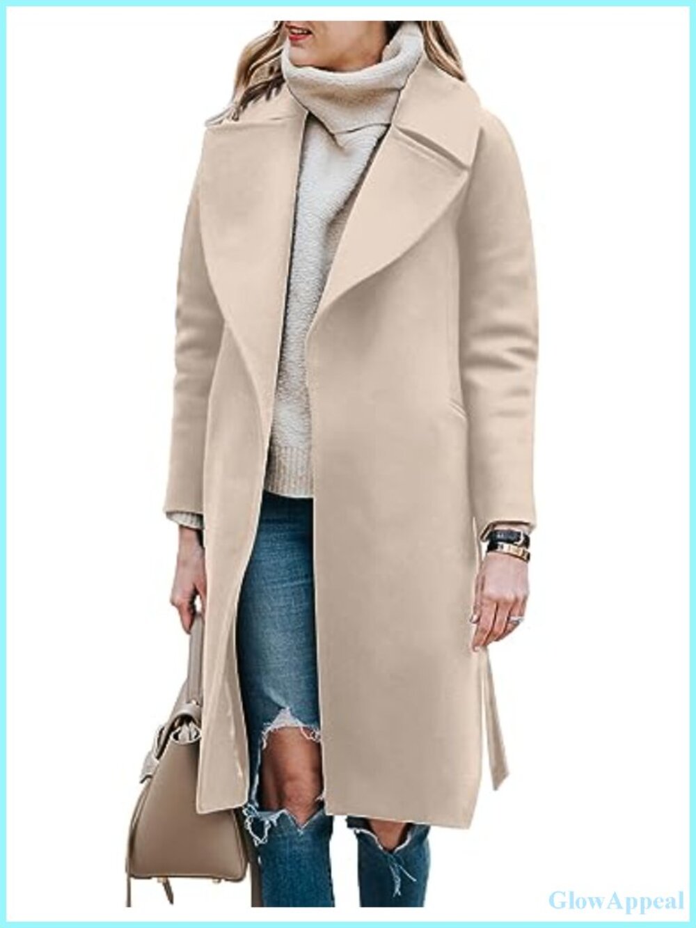 Women's Long Wool Blend Peacoat with Belt, Notched Lapel, Winter
